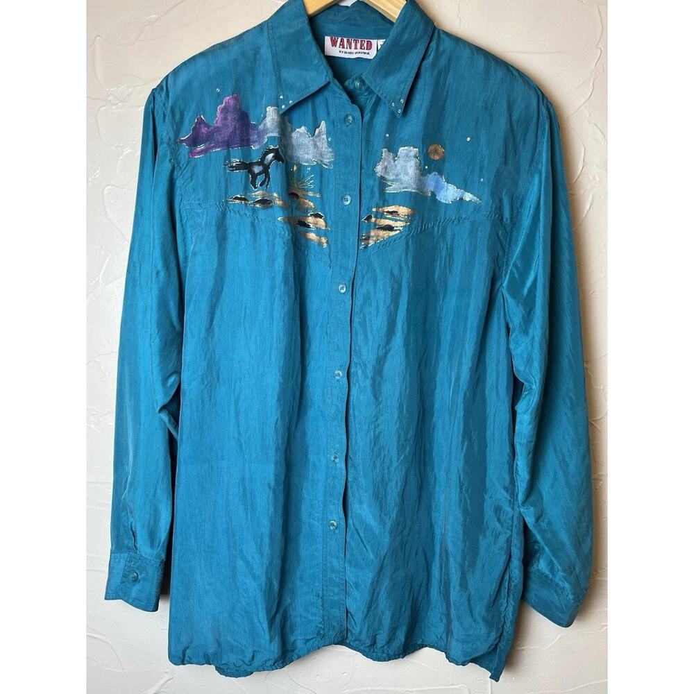 Vintage 80s 100% Silk Teal Airbrush Painted Horse Western Art Shirt Women’s Sz M
